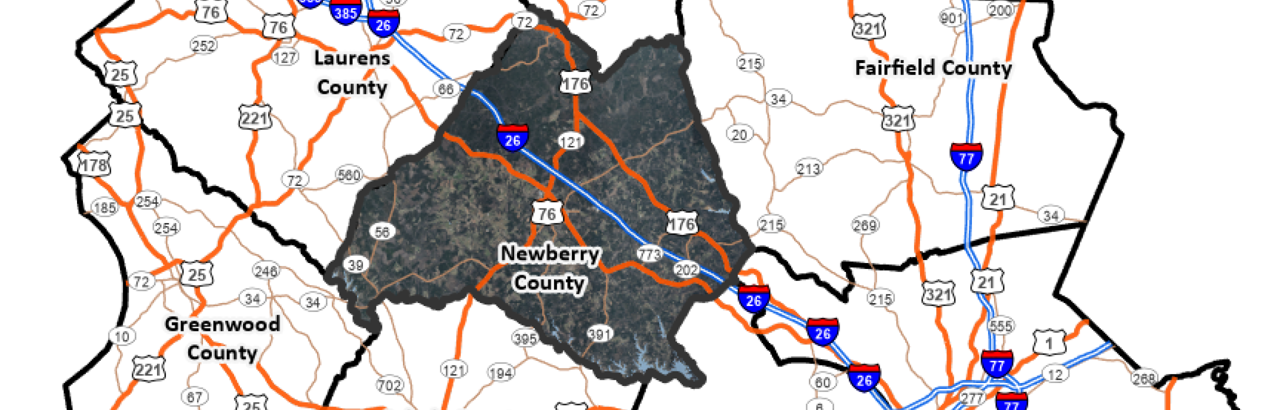Map of Newberry County and surrounding counties.