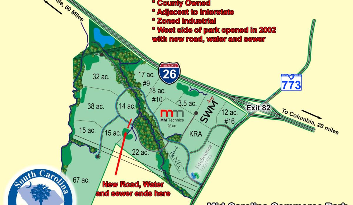 Overview of master plan for Mid-Carolina Commerce Park in Prosperity, SC.