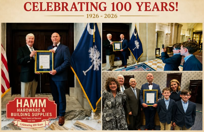 Hamm Hardware and Building Supplies was recognized by Senator Ronnie Cromer during the 2026 National Small Business Week. They also celebrate 100 years of business.