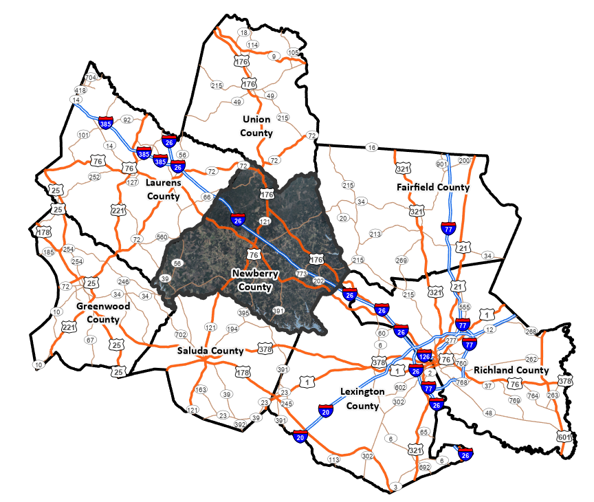 Map of Newberry County and surrounding counties.